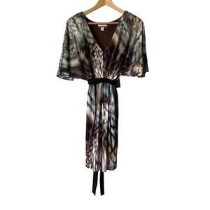 Muse by Boston Proper💃Dress Size 8 Brown Print, V-Neck, Flutter Sleeve, Midi
